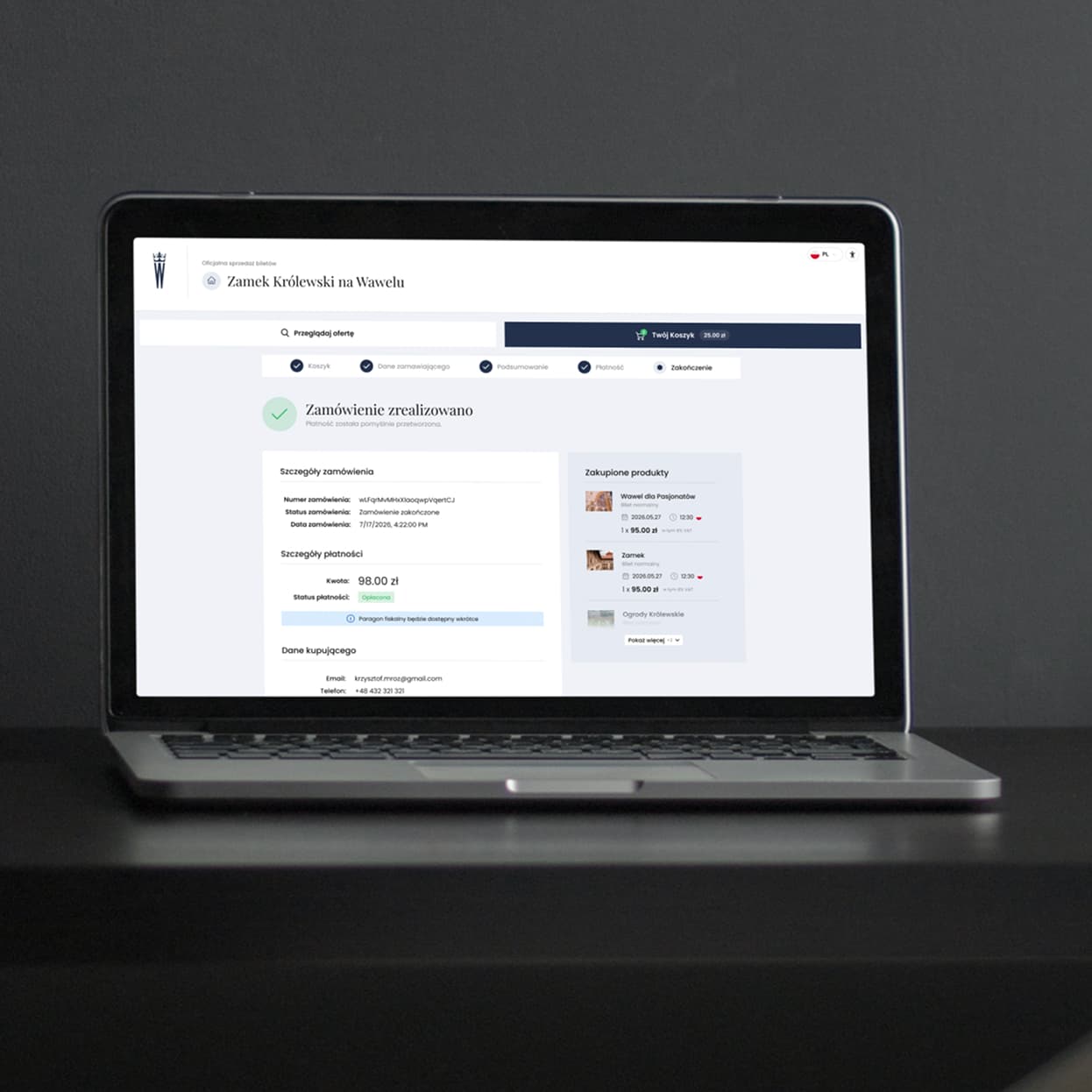 Wawel online ticket checkout on a laptop